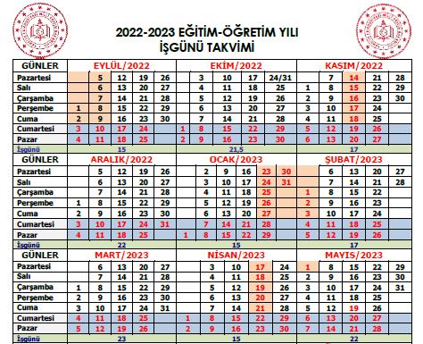 2022-2023 Eğitim Öğretim Yılı İş Günü Takvimi